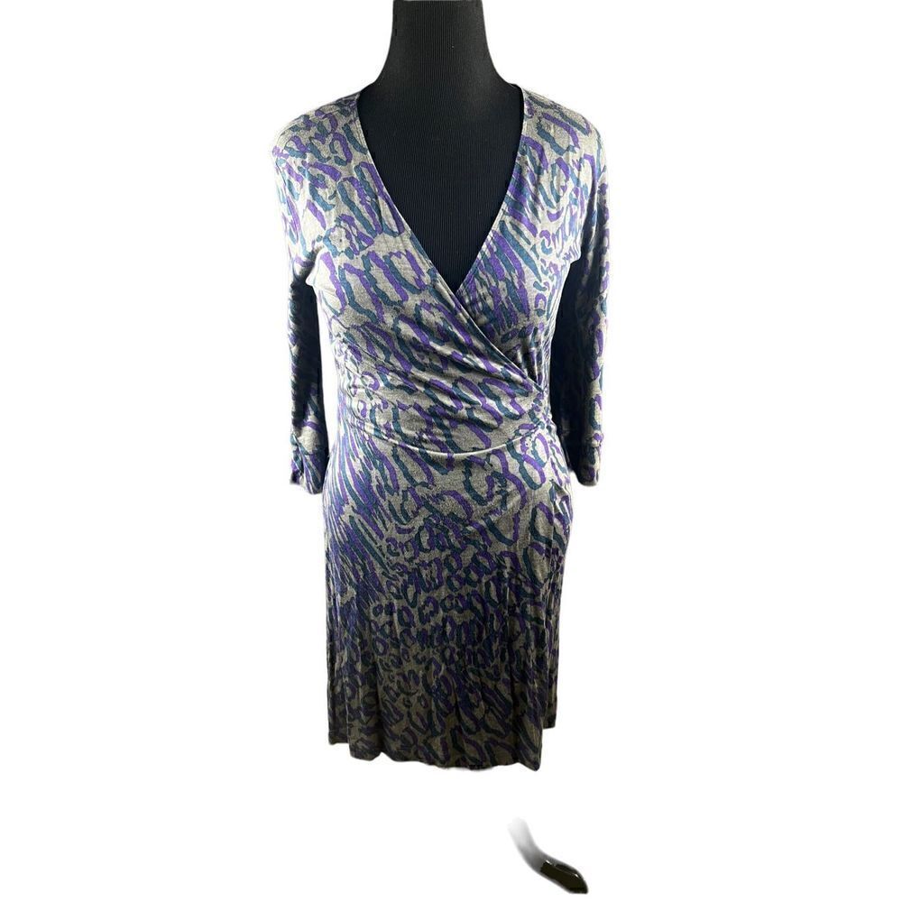 Banana republic animal print 3/4 sleeve wrap cotton dress gray purple medium